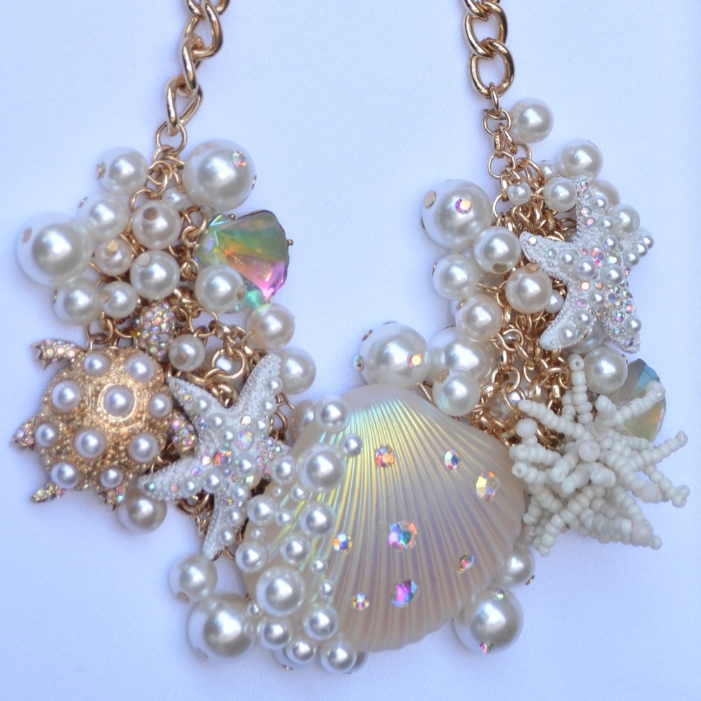 SOLD Betsey Johnson Pearl Star Turtle Crystal Gold Shell Necklace
